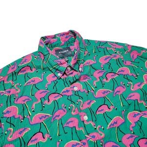 Bonobos Flamingo Print Short Sleeve Button Down Casual Shirt Men's Size L‎ Green